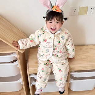 女童三层加厚家居服套装2025新款洋气保暖睡衣宝宝冬季加绒两件套