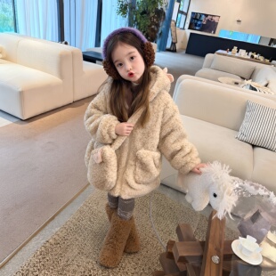 女童甜美可爱风加绒外套宝宝秋冬加厚连帽中长款韩版毛毛衣保暖潮