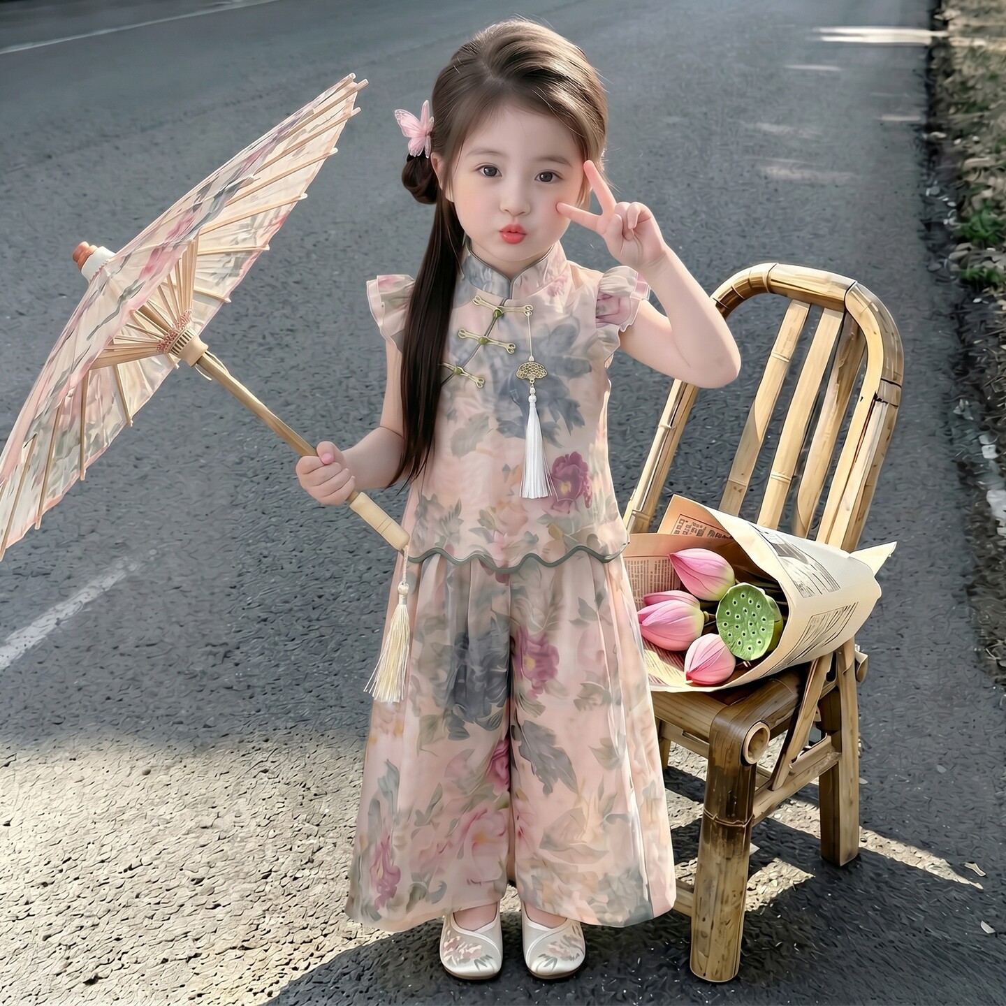 女童新中式花卉印花两件套宝宝夏季新款绝美流苏装饰盘扣国风套装