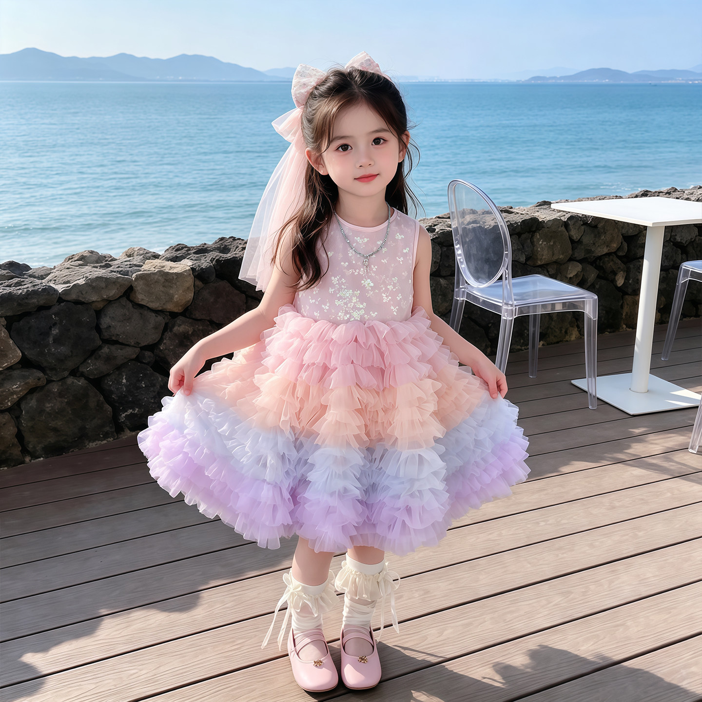 女童彩色公主蛋糕裙夏季渐变网纱连衣裙宝宝无袖中长裙生日礼服潮
