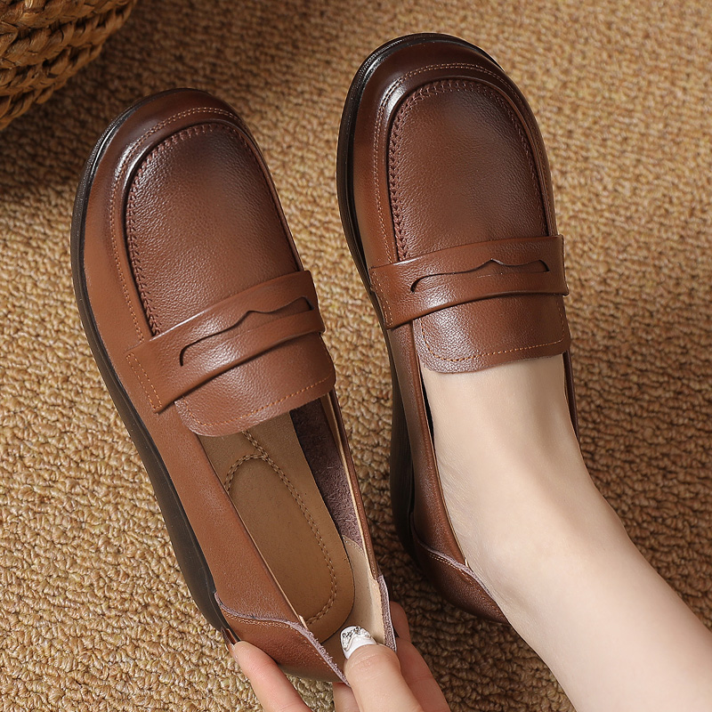 全牛皮脚宽单鞋女鞋牛筋底妈妈鞋