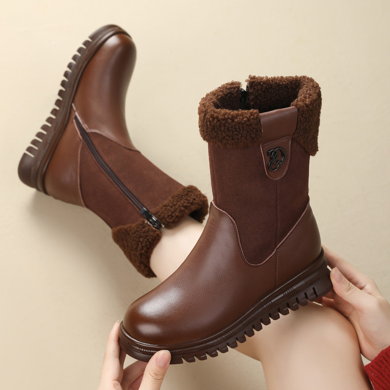真皮厚底雪地靴女加绒加厚保暖防寒妈妈款棉靴坡跟软底防滑中筒靴,女鞋,时装靴,淘宝优惠券,粉丝福利购,淘宝优惠卷