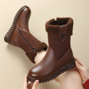 真皮厚底雪地靴女加绒加厚保暖防寒妈妈款棉靴坡跟软底防滑中筒靴