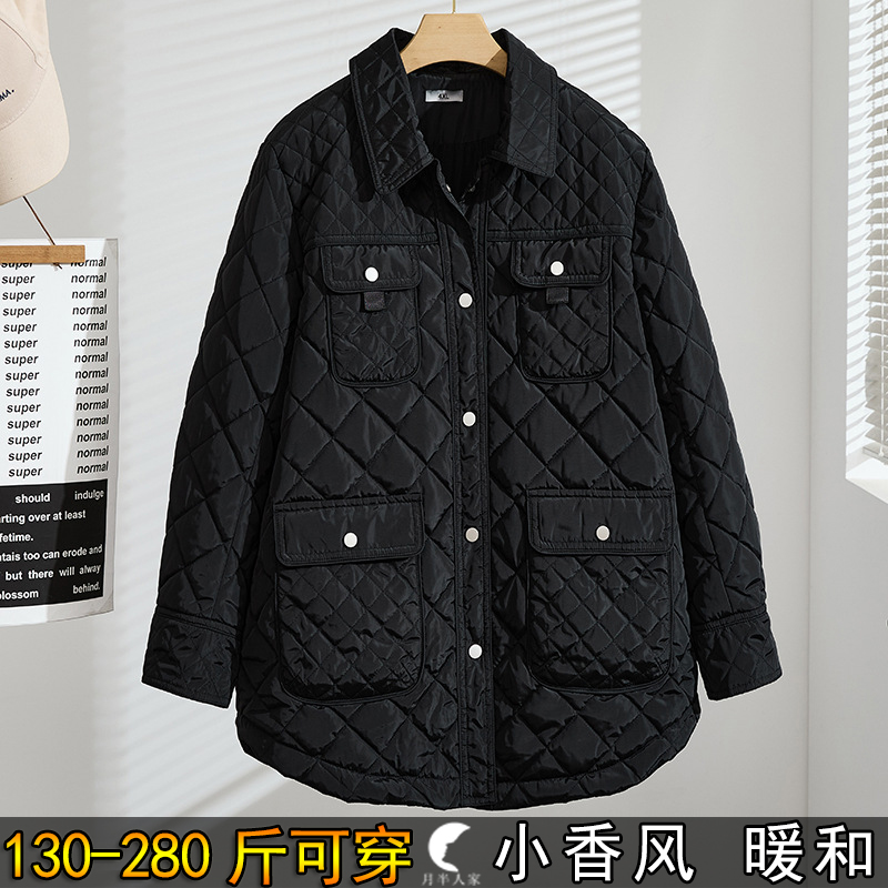 特大码菱形格棉服女冬二棉衣外套