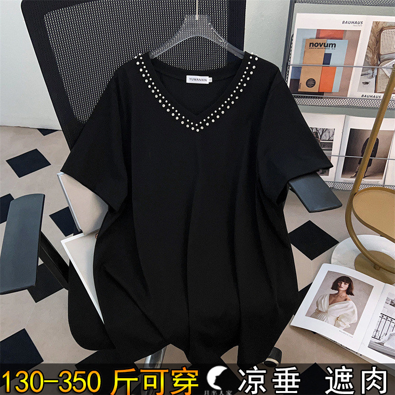 200特大码镶钻V领正肩短袖女夏季