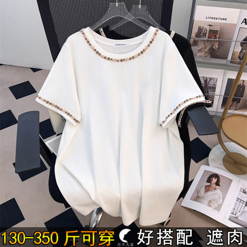 特大码钉珠短袖T恤女夏正肩上衣