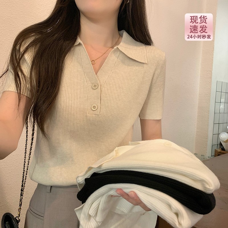 polo领针织衫女春秋内搭2026新款纽扣韩系短款打底短袖上衣春夏季