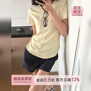 松弛感浅黄色针织短袖T恤女夏季2026新款清迈穿搭tee薄款透气上衣