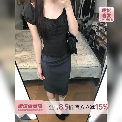 韩系bm风蕾丝花边黑色u领短袖t恤女夏季辣妹修身薄款掐腰正肩上衣