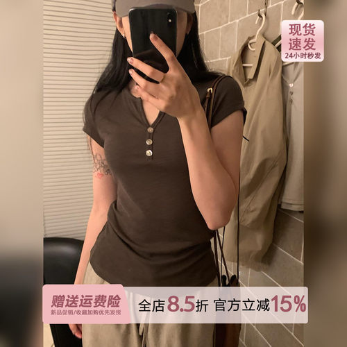美式复古军绿色亨利领正肩短袖t恤女夏季2026新款纯色简约v领上衣