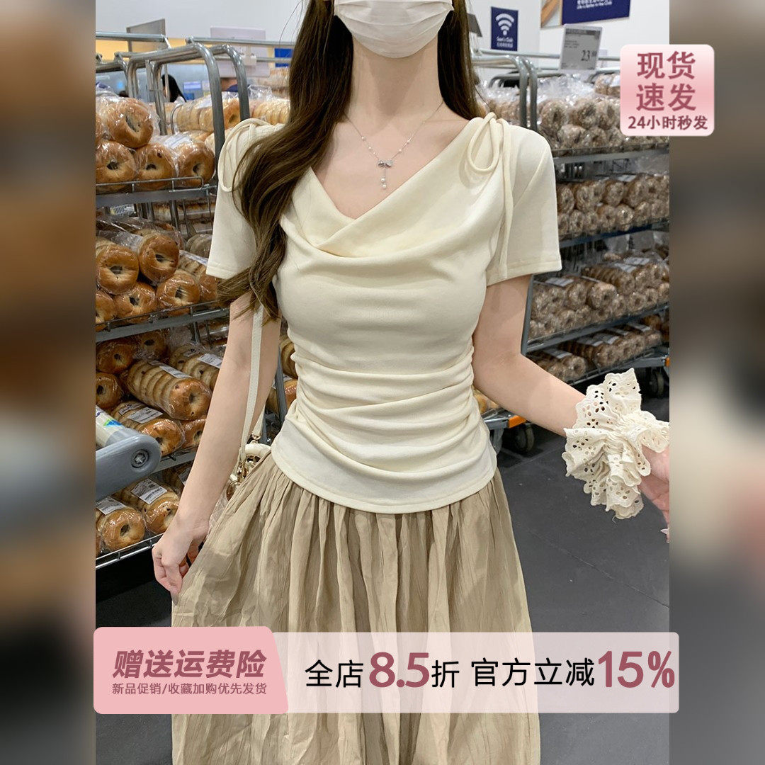 温柔风miu系荡领短袖t恤女夏季蝴蝶结露肩巨好看夏天短款修身上衣