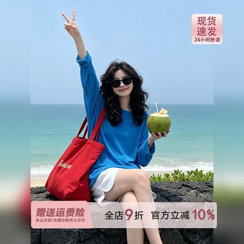 弗里达蓝宽松薄款防晒长袖t恤女早秋季2026新款薄纱罩衫外搭上衣