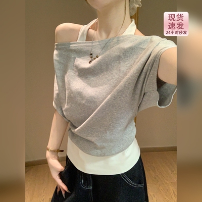 美式miu系挂脖假两件灰色短袖T恤女夏季宽松斜肩露肩设计感小上衣