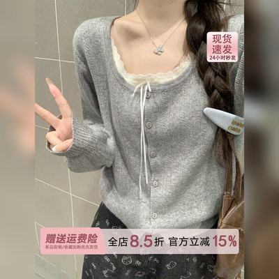 miu系灰色蕾丝方领长袖针织衫女2026秋冬内搭假两件毛衣打底上衣