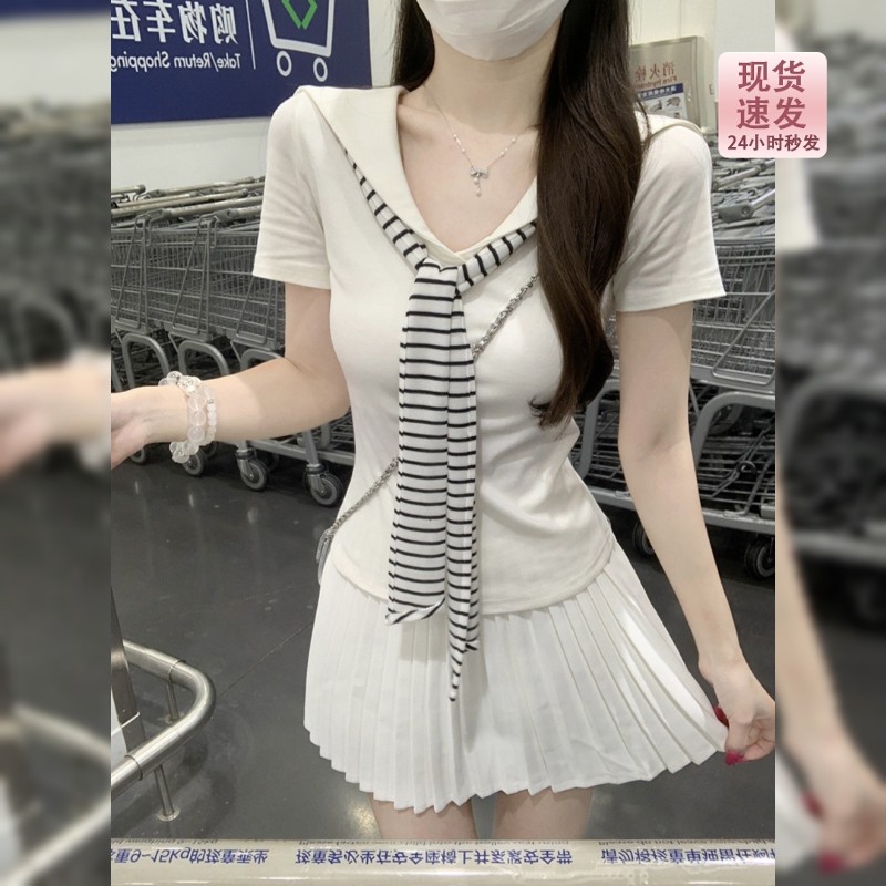 学院风白色海军领条纹领带短袖T恤女夏季2026修身miu系正肩短上衣