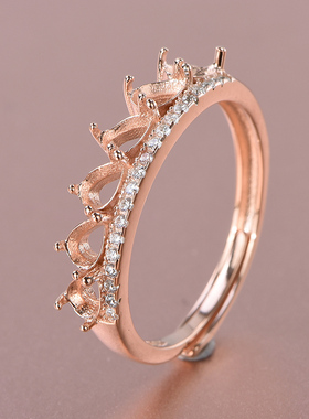 新款时尚简约个性群镶款S925银镀金水滴戒指空托镶嵌3*4mm4粒活圈