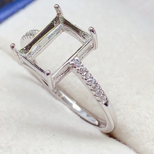 精工S925银镀金镶嵌长方4 10mm戒指空托活圈口 新款