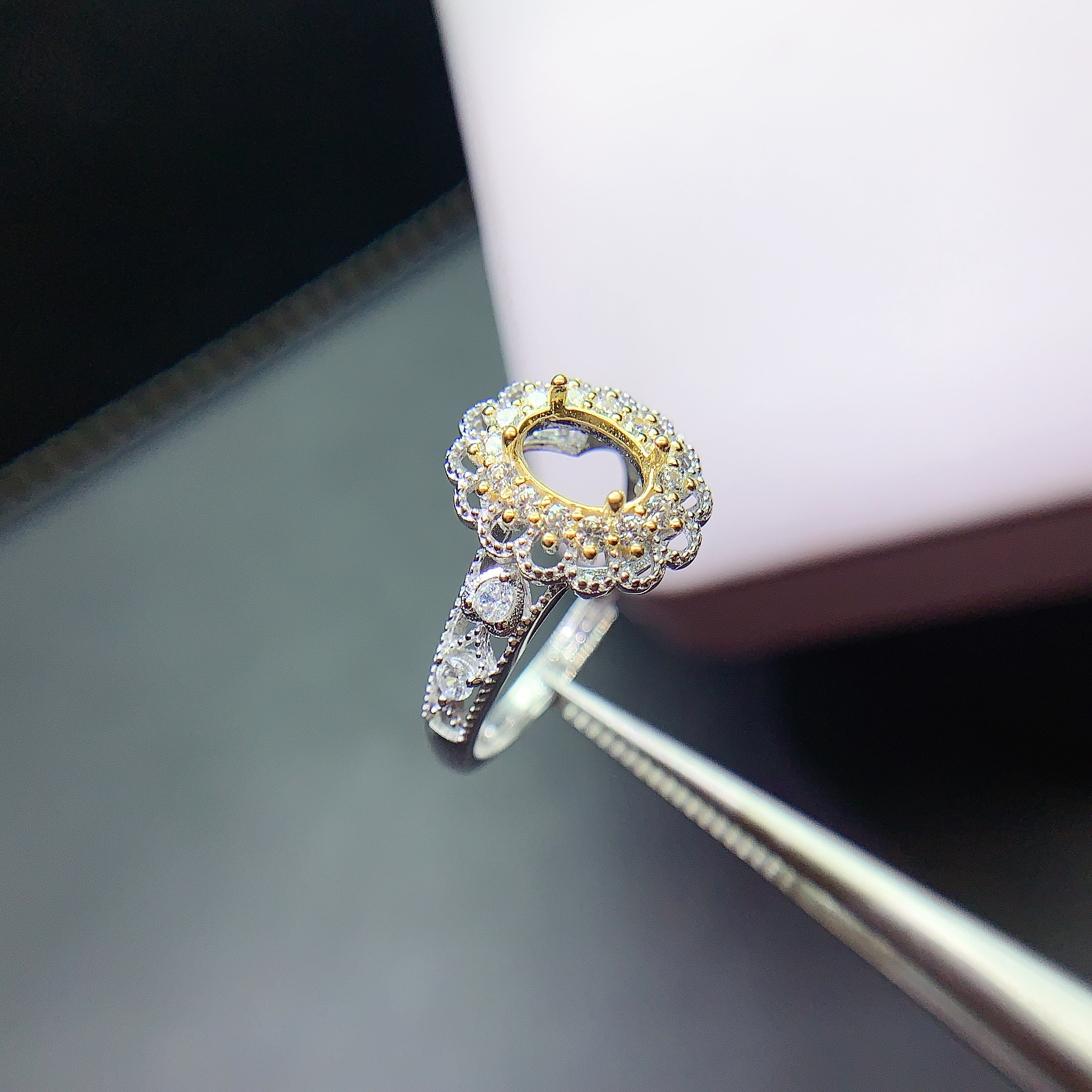 新款925银镀金双色戒指空托奢华经典镶嵌椭圆5*7mm碧玺彩宝红蓝宝