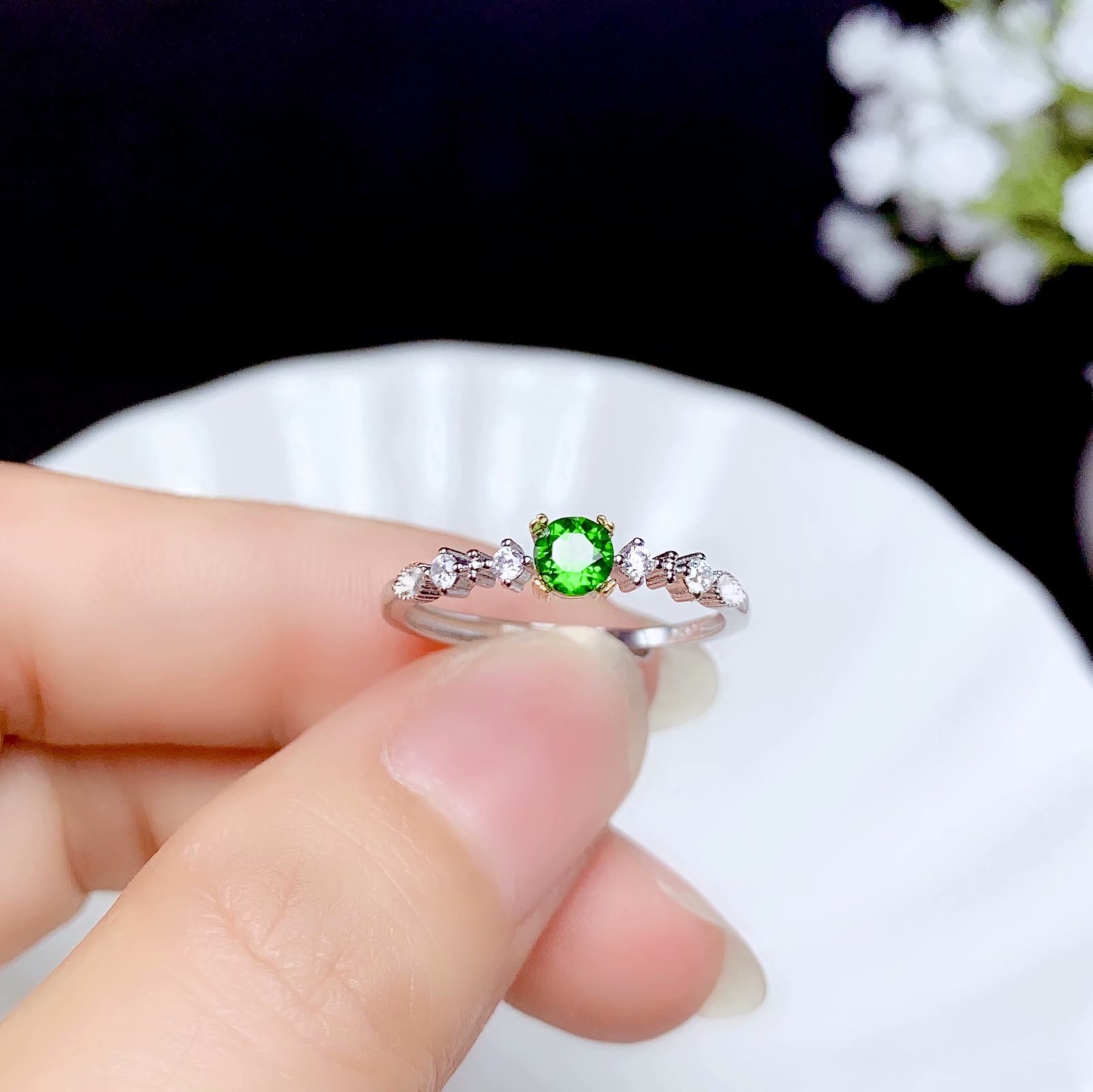新款925银镀双色金戒指空托个性小清新镶嵌圆4*4mm碧玺彩宝祖母绿