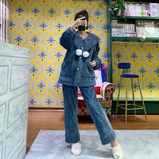 pink 加绒保暖显瘦条纹外穿家居服 grape秋冬女睡衣甜美公主风套装