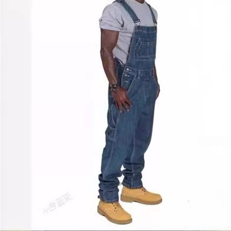 男士牛仔背带裤春秋男士牛仔连体多口袋宽松纯色休闲背带裤