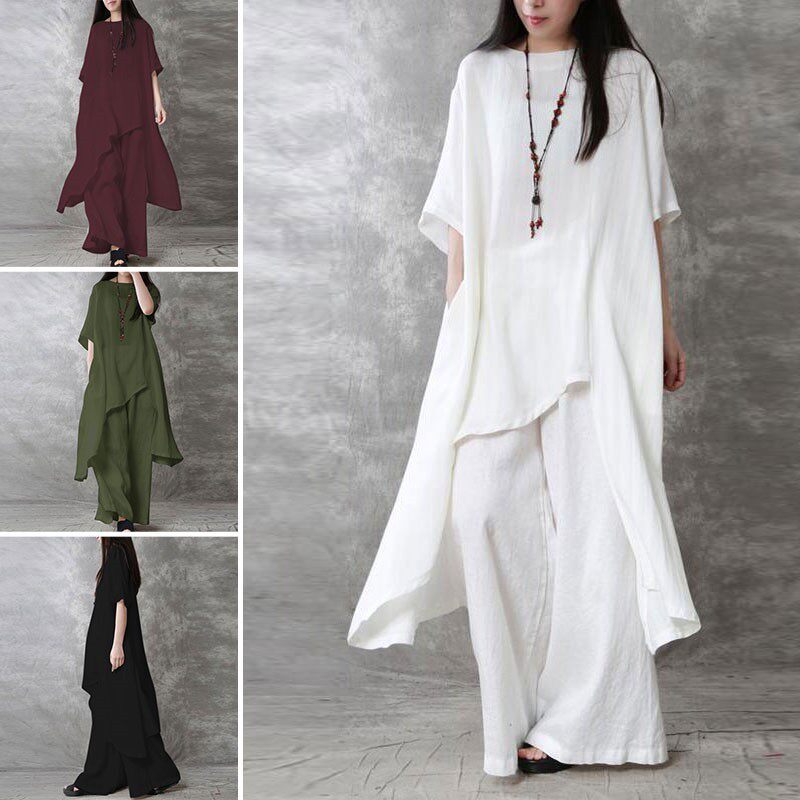 大码现货韩版女装棉麻件套休闲装运动服套装短袖领上衣长裤