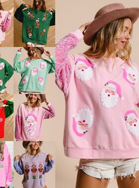 亚马逊新款跨境欧美女装甜美亮片袖子百搭上衣圣诞节长袖卫衣女