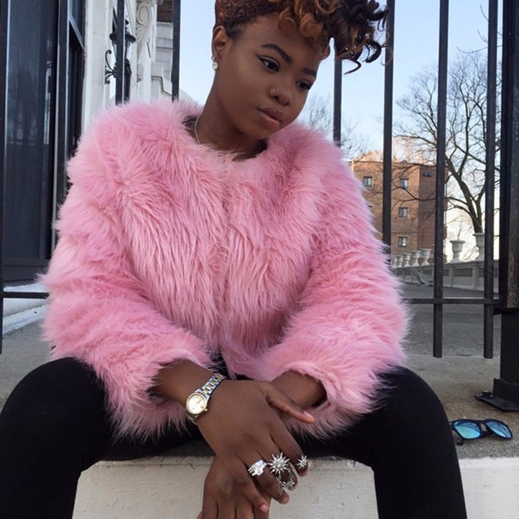 秋冬新款欧美仿皮草外套大衣粉色外套女士长袖短款皮草外套狐狸毛