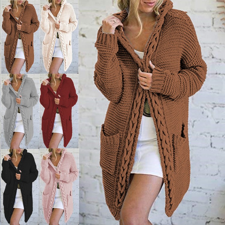 跨境女装亚马逊毛衣麻花帽子开衫欧美风纯色粗线针织衫毛衣女