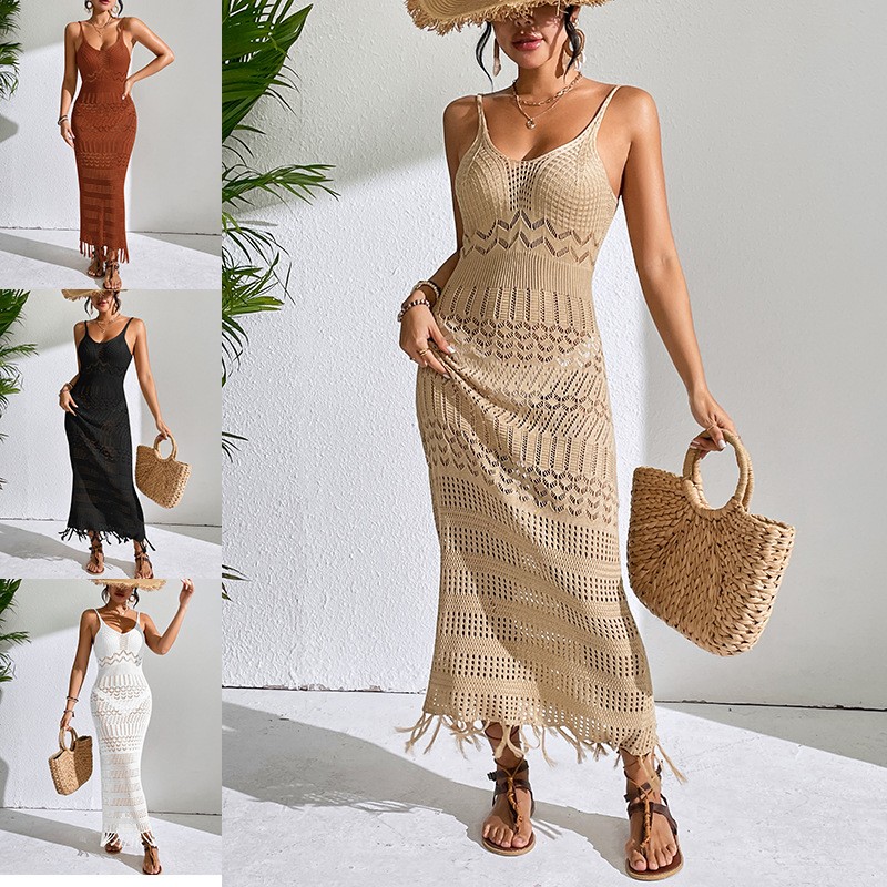 跨境欧美性感镂空吊带长裙修身流苏沙滩裙无袖针织领吊带连衣裙
