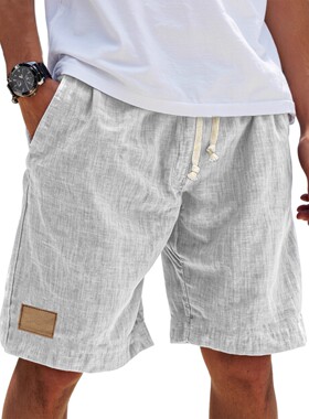 薄料口袋皮标跨境亚马逊新款仿麻五分裤休闲裤男士抽绳短裤