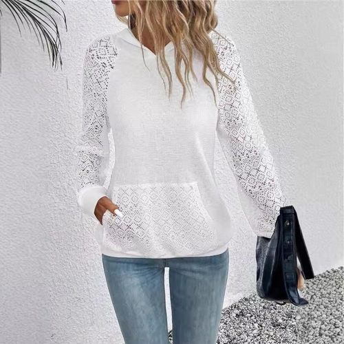 亚马逊欧美跨境新款女装女士蕾丝华夫格拼接连帽衫休闲卫衣