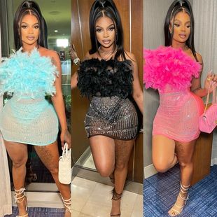 性感羽毛网纱烫钻裹胸连衣裙女 亚马逊欧美女装 跨境夏季 新品