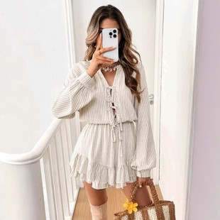 绑带性感休闲连体短裤 宽松长袖 春夏亚马逊跨境女装 新款