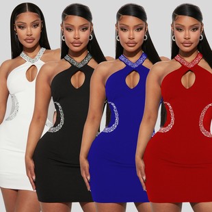 性感紧身镂空烫钻挂脖连衣裙女 亚马逊欧美女装 跨境夏季 新品