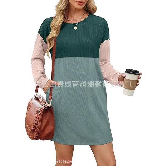 春夏亚马逊女式长袖撞色拼接连衣裙宽松休闲飘逸连衣裙带口袋