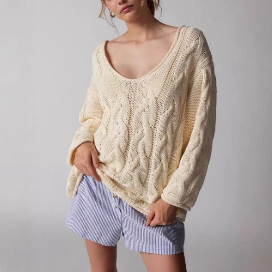 欧美秋季新款纯色宽松慵懒风领麻花针织套头毛衣女上衣