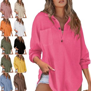 上衣女装 轻便网眼针织衫 休 纽扣领长袖 女士超大华夫格衬衫