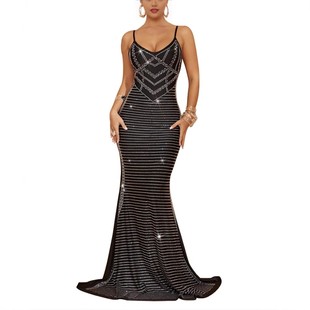 烫钻性感露背长裙连衣裙 吊带无袖 速卖通亚马逊欧美时尚 女装