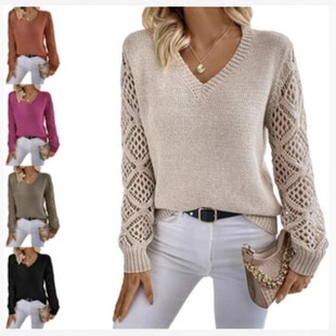 针织毛衣女装 春秋欧美亚马逊速卖通跨境长袖 领套头镂空纯色