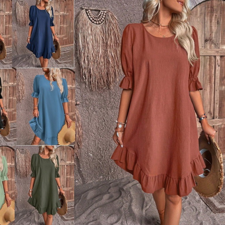 春夏欧美跨境女装复古棉麻中袖圆领纯色宽松大摆连衣裙