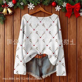 女士圣诞节镂空纯色针织上衣慵懒宽松长袖 百搭休闲毛衣一件定