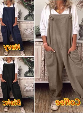 夏季新款纯色休闲复古口袋无袖棉麻连身裤 系带可调节