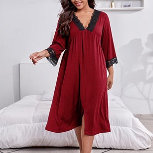 家居服睡衣女 领蕾丝花边袖 秋冬亚马逊欧美女士大码 睡裙长袖