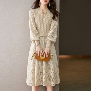 假两件长款 灯笼袖 毛衣裙 时尚 韩国气质名媛针织连衣裙秋冬新款