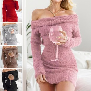 跨境亚马逊爆品一字肩礼服裙性感包臀连衣裙露肩长袖 一字领包臀裙