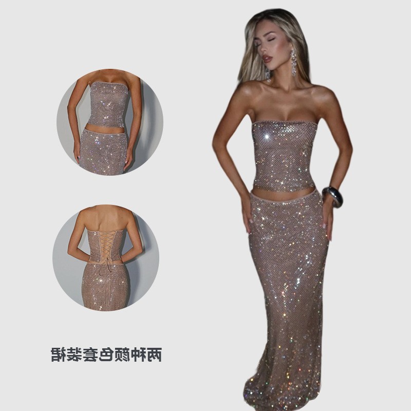 欧美抹胸长裙套装绑带亮片礼服修身连衣裙女