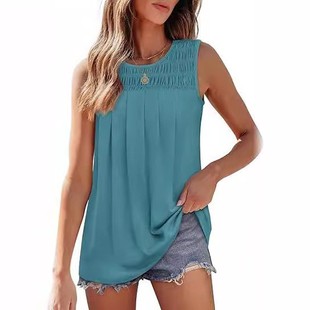 上衣女褶饰宽松 百褶圆领无袖 亚马逊欧美跨境外贸女式 背心夏季