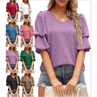 领短袖 欧美外贸跨境女装 纯色泡泡袖 女 上衣 亚马逊雪纺衫