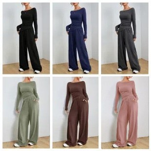 欧美套装 两件套装 纯色长袖 时尚 外贸服饰 休闲阔腿长裤 现货跨境女装